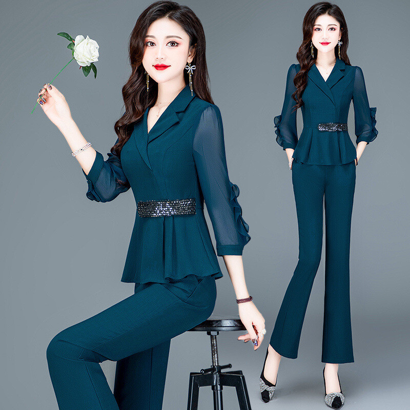 Popularul set din două piese din șifon de anul acesta pentru femei, toamna 2024, stil nou și costum de slăbit, set complet pentru reducerea vârstei