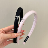 Cercete de păr din burete din țesătură cu fundă roz coreeană Curele de păr pentru femei, de culoare solidă, dulci, bandă de păr lată elastică, accesorii pentru păr