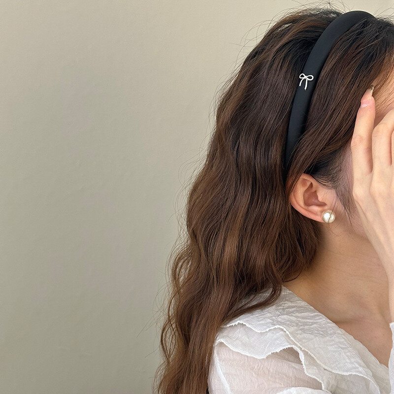 Cercete de păr din burete din țesătură cu fundă roz coreeană Curele de păr pentru femei, de culoare solidă, dulci, bandă de păr lată elastică, accesorii pentru păr