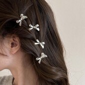 Agrafă de păr cu fundă metalică coreeană pentru femei, dulce, rece, culoare argintie, agrafă laterală mică, ac de rață, accesorii pentru păr