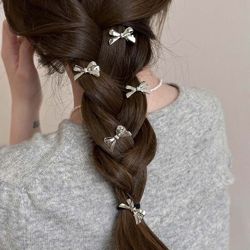 Agrafă de păr cu fundă metalică coreeană pentru femei, dulce, rece, culoare argintie, agrafă laterală mică, ac de rață, accesorii pentru păr