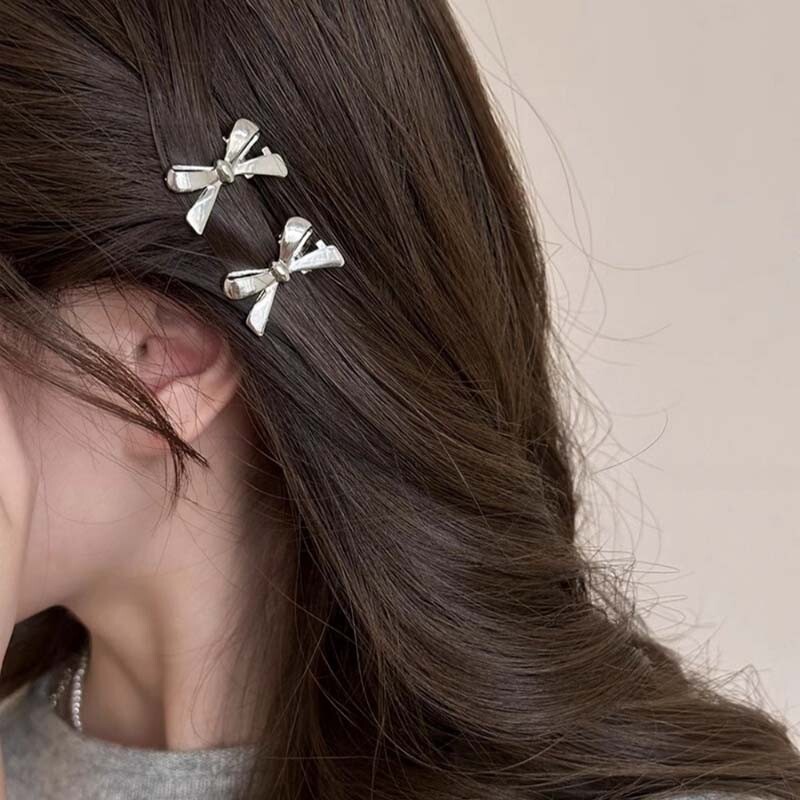Agrafă de păr cu fundă metalică coreeană pentru femei, dulce, rece, culoare argintie, agrafă laterală mică, ac de rață, accesorii pentru păr