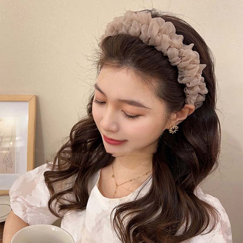 Új divatos egyszínű hálós hajtogatott fejpántok nőknek koreai elegáns fodros hajpánt hajpánt fejfedő hajtartozékok