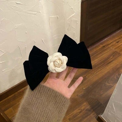 Elegantná čierna zamatová sponka do vlasov s kaméliou a kamienkami, jarná sponka do vlasov, dámska kórejská sponka do vlasov, sponky do vlasov, stuha, mašľa