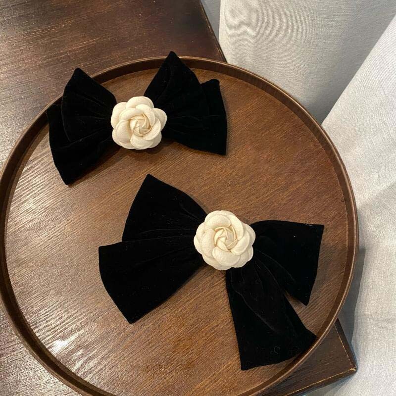 Elegantná čierna zamatová sponka do vlasov s kaméliou a kamienkami, jarná sponka do vlasov, dámska kórejská sponka do vlasov, sponky do vlasov, stuha, mašľa