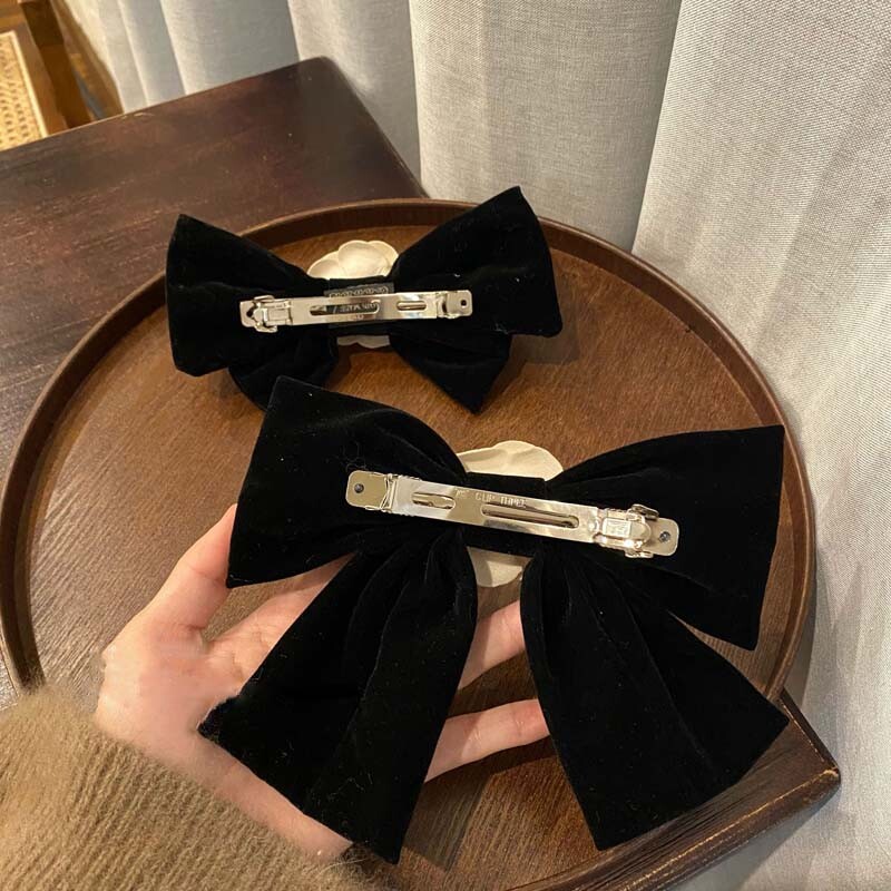 Elegantná čierna zamatová sponka do vlasov s kaméliou a kamienkami, jarná sponka do vlasov, dámska kórejská sponka do vlasov, sponky do vlasov, stuha, mašľa