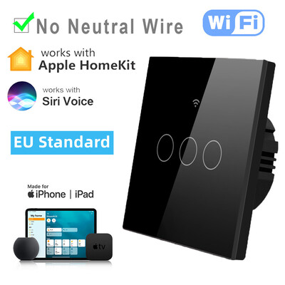 Homekit viedais WiFi slēdzis skārienjutīgs sienas gaismas slēdži Smart Home App Siri vadība Apple Homekit, nav nepieciešams neitrāls vads