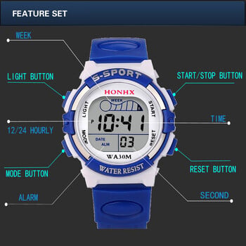 Водоустойчиви детски момчета Цифров LED спортен часовник Детски аларма Часовник за дата Подарък