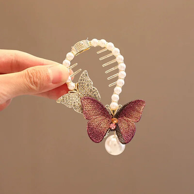 Mėlyna, raudona drugelio bandelė surišimo sagties laikiklis plaukų segtukai Elegantiškas plaukų segtukas kabantis perlas kutas aukštas surišo uodega plaukų letenėlis moterims