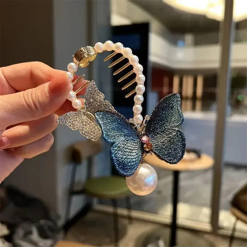 Mėlyna, raudona drugelio bandelė surišimo sagties laikiklis plaukų segtukai Elegantiškas plaukų segtukas kabantis perlas kutas aukštas surišo uodega plaukų letenėlis moterims