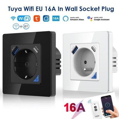 Tuya Wifi EU 16A Стенен контакт Интелигентен щепсел Тип C Порт Гласов контрол Таймер Функция График Работа с Alexa Google Home