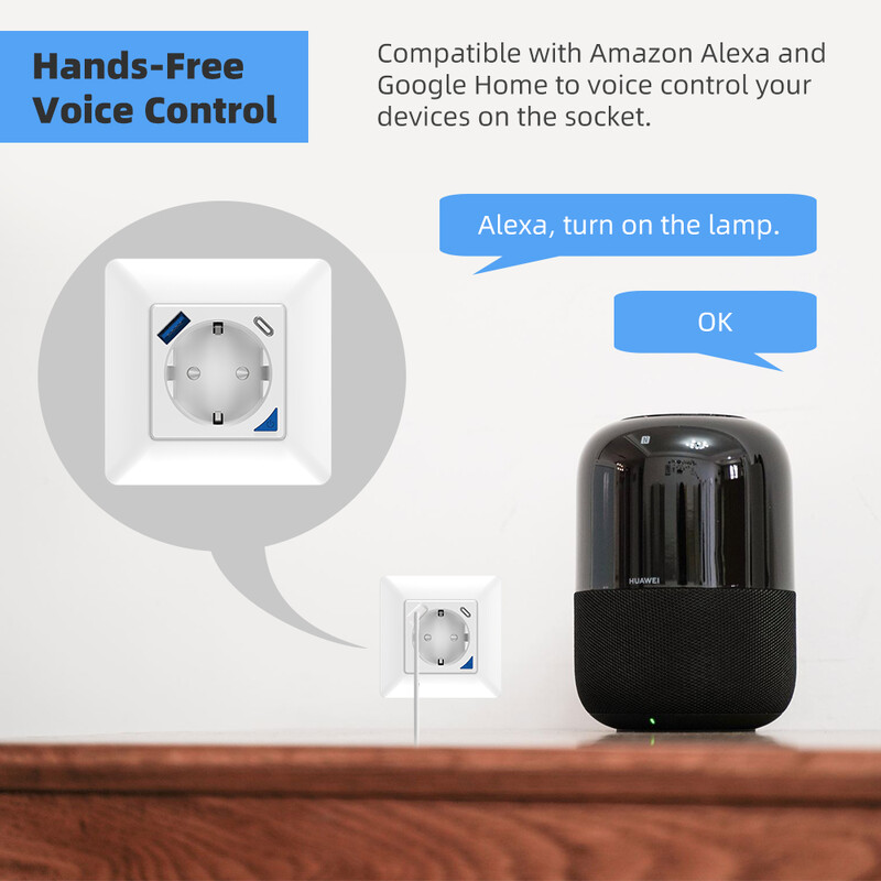 Tuya Wifi EU 16A fali aljzat intelligens csatlakozó, C típusú port Hangvezérlés időzítő Ütemezési funkció Munka az Alexa Google Home segítségével