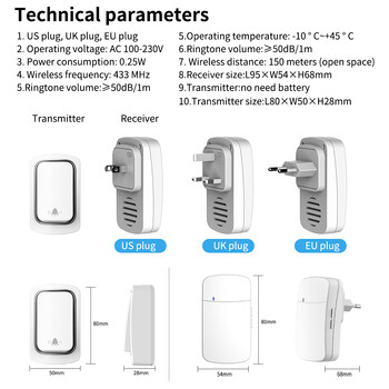 Χωρίς μπαταρία ΗΠΑ EU UK Plug IP44 αδιάβροχο υψηλής έντασης ηλεκτρονικό κουδούνι AC πόρτας 150 μέτρα αυτοτροφοδοτούμενο ασύρματο κουδούνι πόρτας