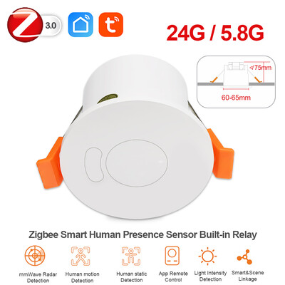 Detector de prezență umană Zigbee MmWave 220V/110V Senzor de mișcare radar 5.8G/24G și releu Lux Lumină/Detecție la distanță Tuya Smart Life