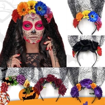 1 τεμ Halloween Rose Flower Headband με μαύρο πέπλο Γυναικεία στολή Cosplay Flower Headwear Day of The Dead Flower Headpiece