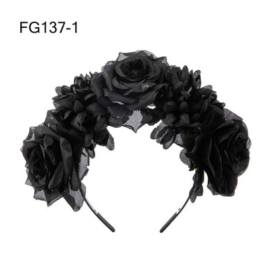 1PC Bandita cu flori de trandafiri de Halloween cu voal negru Costum de petrecere pentru femei, Cosplay cu flori pentru cap, caciula Ziua Morților