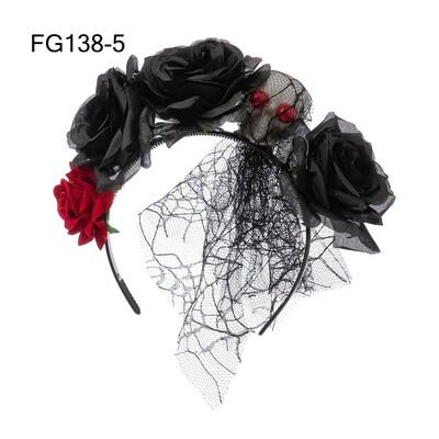 1PC Bandita cu flori de trandafiri de Halloween cu voal negru Costum de petrecere pentru femei, Cosplay cu flori pentru cap, caciula Ziua Morților