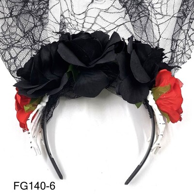 1PC Bandita cu flori de trandafiri de Halloween cu voal negru Costum de petrecere pentru femei, Cosplay cu flori pentru cap, caciula Ziua Morților