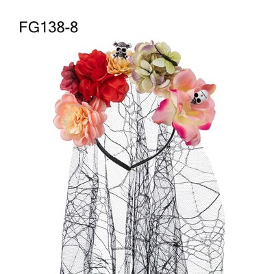 1PC Bandita cu flori de trandafiri de Halloween cu voal negru Costum de petrecere pentru femei, Cosplay cu flori pentru cap, caciula Ziua Morților