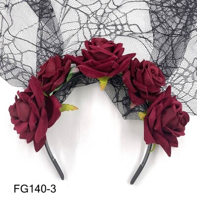 1PC Bandita cu flori de trandafiri de Halloween cu voal negru Costum de petrecere pentru femei, Cosplay cu flori pentru cap, caciula Ziua Morților