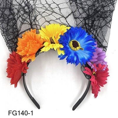 1PC Bandita cu flori de trandafiri de Halloween cu voal negru Costum de petrecere pentru femei, Cosplay cu flori pentru cap, caciula Ziua Morților