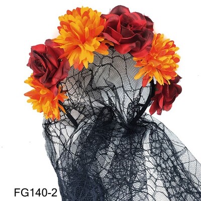 1PC Bandita cu flori de trandafiri de Halloween cu voal negru Costum de petrecere pentru femei, Cosplay cu flori pentru cap, caciula Ziua Morților