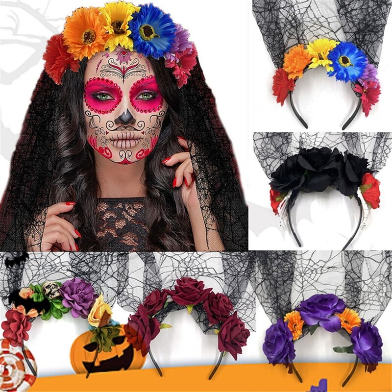 1PC Bandita cu flori de trandafiri de Halloween cu voal negru Costum de petrecere pentru femei, Cosplay cu flori pentru cap, caciula Ziua Morților