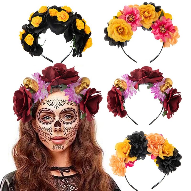 1PC Bandita cu flori de trandafiri de Halloween cu voal negru Costum de petrecere pentru femei, Cosplay cu flori pentru cap, caciula Ziua Morților