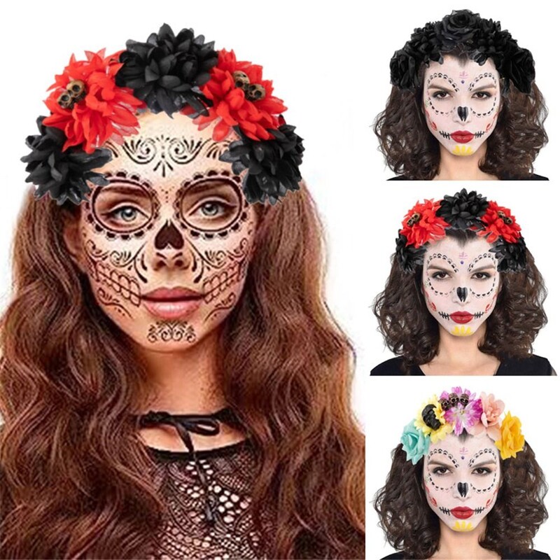 1PC Bandita cu flori de trandafiri de Halloween cu voal negru Costum de petrecere pentru femei, Cosplay cu flori pentru cap, caciula Ziua Morților