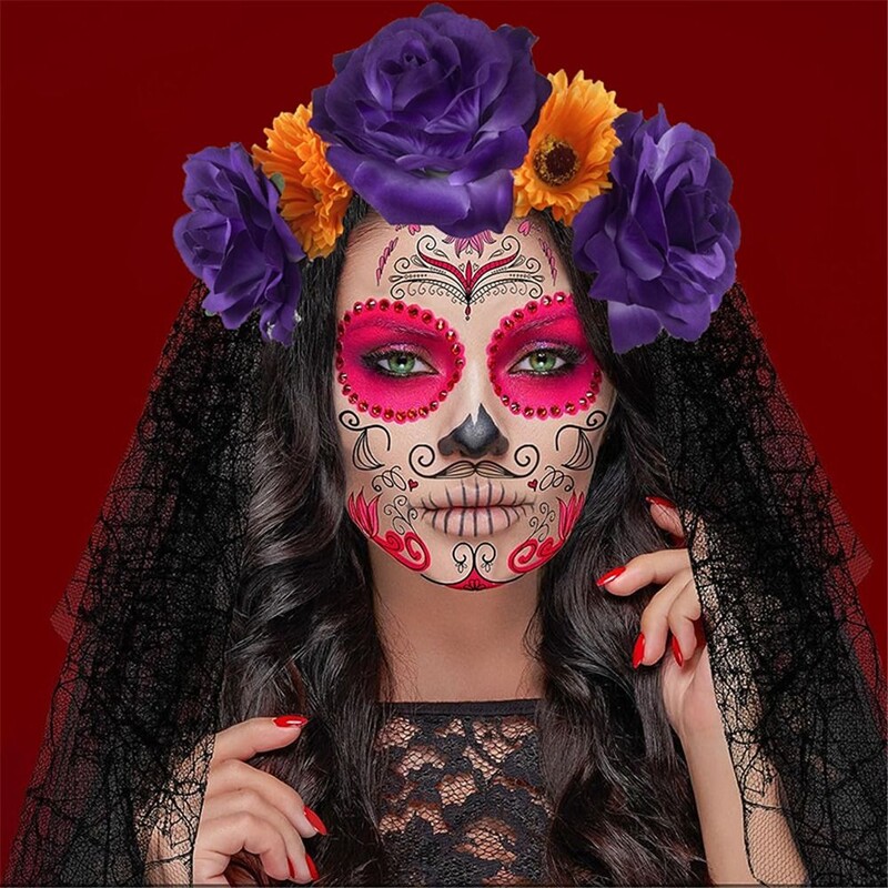 1PC Bandita cu flori de trandafiri de Halloween cu voal negru Costum de petrecere pentru femei, Cosplay cu flori pentru cap, caciula Ziua Morților