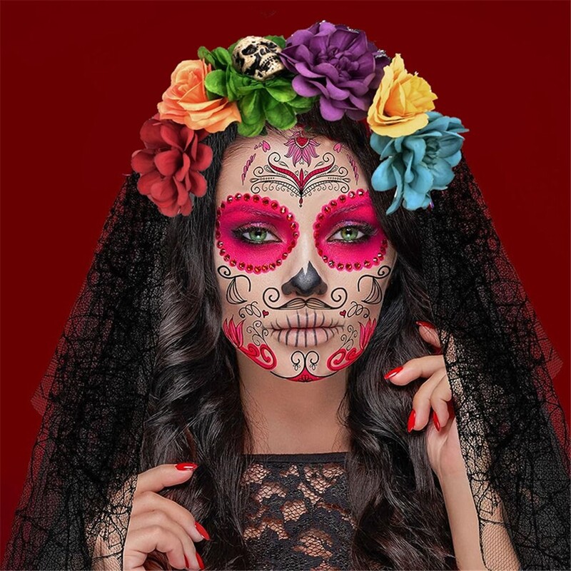 1PC Bandita cu flori de trandafiri de Halloween cu voal negru Costum de petrecere pentru femei, Cosplay cu flori pentru cap, caciula Ziua Morților