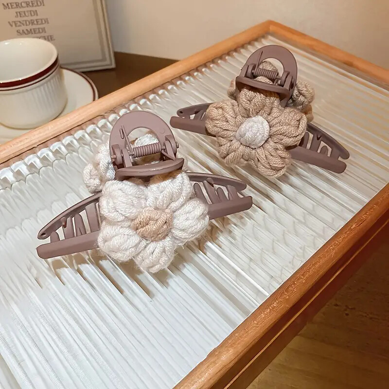 Vintage kötött virágos hajcsipesz virág dekoratív hajcsattal, őszi/téli kötött cápacsipesz, női hajkiegészítők