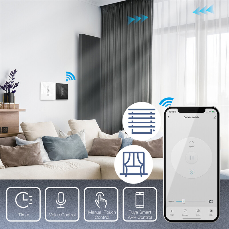 MOES WiFi RF433 Smart 2.5D Arc Glass Touch Curtain jungiklis roletams Roletai Smart Life/Tuya APP Veikia Alexa Google Home