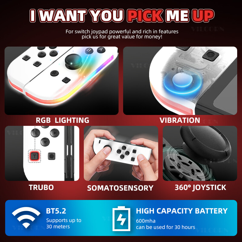 Joy 2 színes RGB fényhatású vibrációs motorok, hattengelyes giroszkóp játékfogantyú Gamepad vezérlő joystick kapcsolóhoz