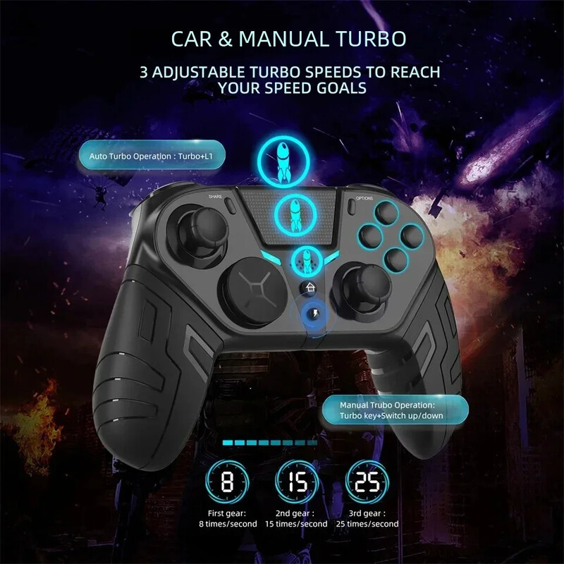 GAMINJA belaidis valdiklis dvigubos vibracijos Bluetooth žaidimų pultelis su programuojama turbo funkcija, skirta PS4 konsolės kompiuterio vairasvirtei