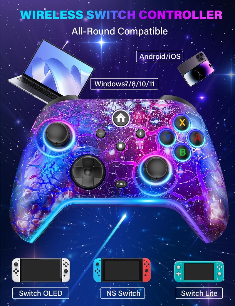 „NE Wireless Pro Switch Controller“ žaidimų žaidimų pultelis su RGB/Wake Up/Turbo/Joystick, skirtas Nintendo Switch/Lite/OLED/PC/iOS/Android