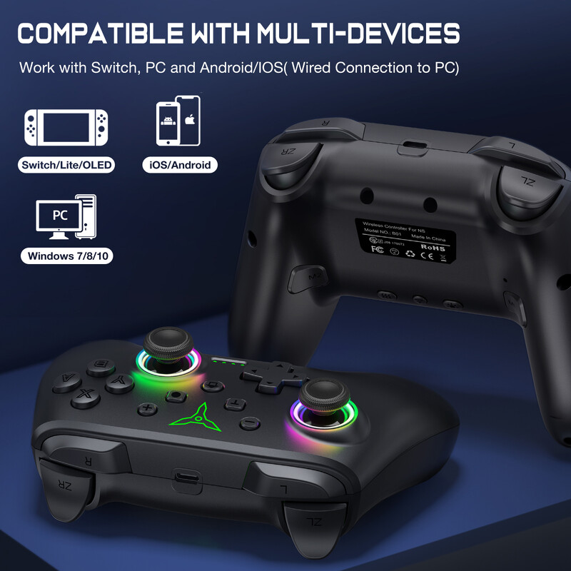 Controler wireless Bluetooth RGB Dinofire pentru Nintendo Switch/Switch OLED/Switch Lite/PC/Mobil Gamepad Joystick multifuncțional