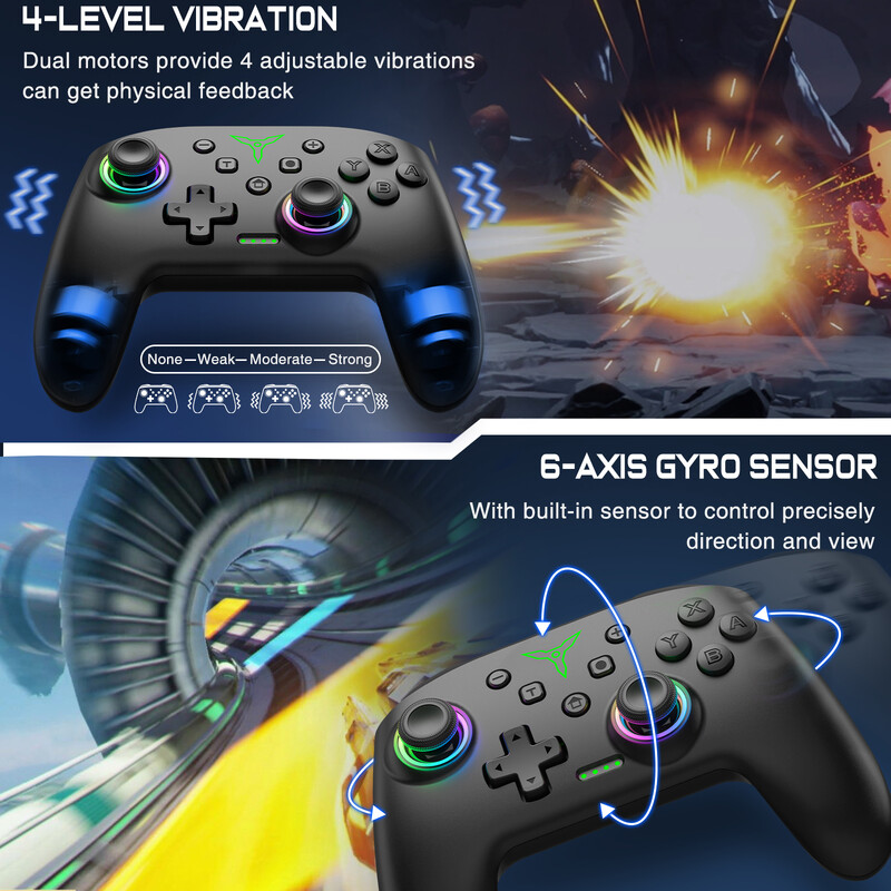 Controler wireless Bluetooth RGB Dinofire pentru Nintendo Switch/Switch OLED/Switch Lite/PC/Mobil Gamepad Joystick multifuncțional