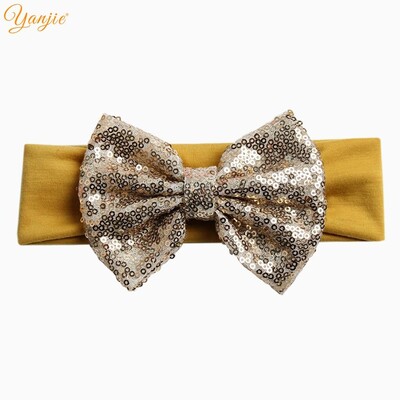 Trendy 5" veľké flitrové mašle do vlasov bavlnená čelenka veľkoobchod pevné elastické DIY dievčenské vlasové doplnky pokrývky hlavy párty detské čelenky