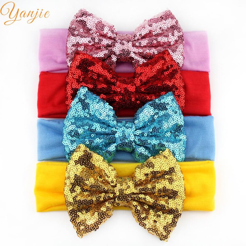 Trendy 5" veľké flitrové mašle do vlasov bavlnená čelenka veľkoobchod pevné elastické DIY dievčenské vlasové doplnky pokrývky hlavy párty detské čelenky