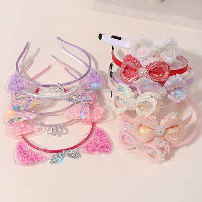 2gab/partija Meiteņu galvas saite matu stīpa Lovely Party Sequin Bowknot matu lente Caurspīdīga ausu kroņa plūstoša smilšu galvas saite bērniem
