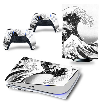 Skin matrica a PS5 Disc Edition konzolhoz és 2 vezérlőhöz Védőtartozékok Matrica borító PS5 lemezhez Sea Waves Design