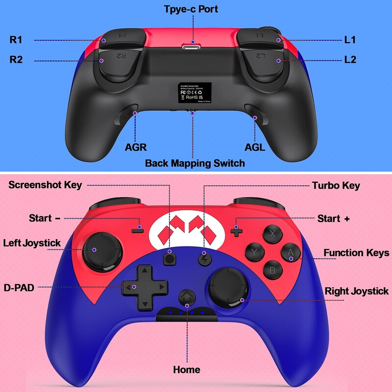 „NE Wireless Switch Pro“ valdiklis, valdantis „Bluetooth“ žaidimų pultus su 6 ašių „Gyro“ / „Turbo“ / „Joystick“, skirtu „Nintendo Switch“ / „Lite“ / OLED