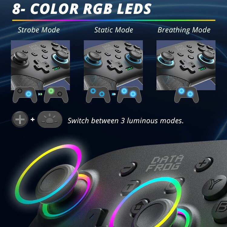 2024 Nou Data Frog Comutator Bluetooth fără fir Controler de joc Lumină Rgb Carcasă de lumină care curge, potrivit Nintendo Switch Switch Lite
