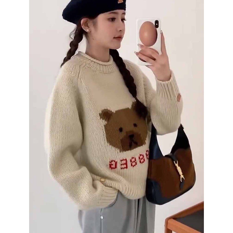 Lazy stílusú puha viasz retro sárgabarack maci kötött női pulóver 2023 új stílusú, gyengéd hangulat szuper szép felső