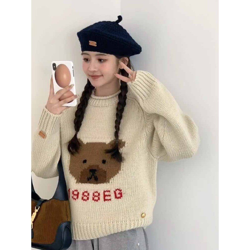 Lazy stílusú puha viasz retro sárgabarack maci kötött női pulóver 2023 új stílusú, gyengéd hangulat szuper szép felső