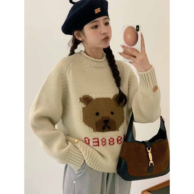 Lazy stílusú puha viasz retro sárgabarack maci kötött női pulóver 2023 új stílusú, gyengéd hangulat szuper szép felső