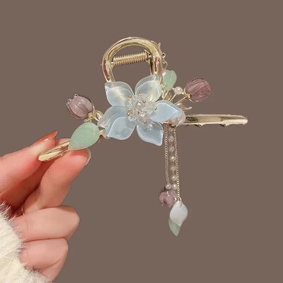 Sponka do vlasov s kvetmi orchideí a perlami, strapcami, dámsky cop, žraločí vlasový klip, sladké sponky do vlasov, dievčenské módne vlasové doplnky