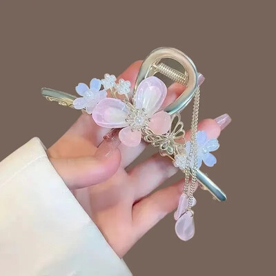 Sponka do vlasov s kvetmi orchideí a perlami, strapcami, dámsky cop, žraločí vlasový klip, sladké sponky do vlasov, dievčenské módne vlasové doplnky