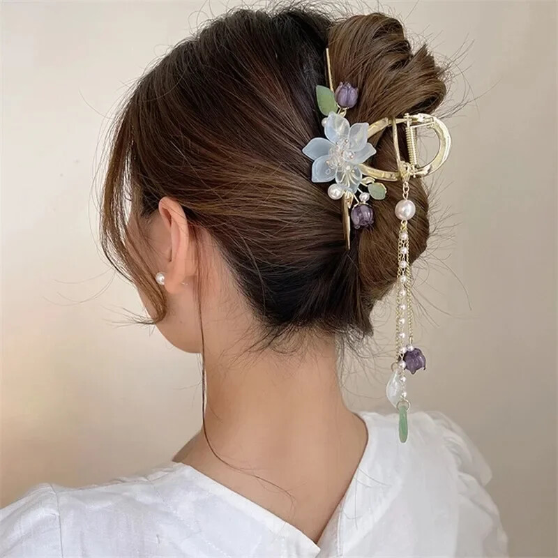 Sponka do vlasov s kvetmi orchideí a perlami, strapcami, dámsky cop, žraločí vlasový klip, sladké sponky do vlasov, dievčenské módne vlasové doplnky